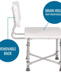 Side view of Shower Chair Bath Seat For Tub Or Shower No Frills Adjustable Height, Lightweight Anodized Aluminum Frame With Plastic Seat, White, features drain holes and removable back.