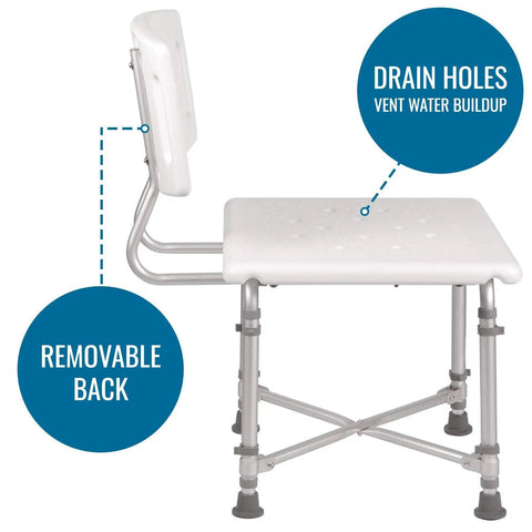 Side view of Shower Chair Bath Seat For Tub Or Shower No Frills Adjustable Height, Lightweight Anodized Aluminum Frame With Plastic Seat, White, features drain holes and removable back.