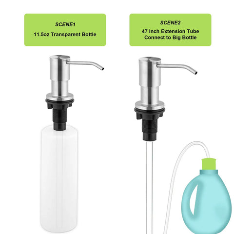 Stainless Steel Built In Soap Dispenser Pump For Kitchen Sink With Forty Seven Inch Extension Tube And Eleven Point Eight Four Ounce Soap Bottle Kit Brushed Nickel shown with tube and bottles.
