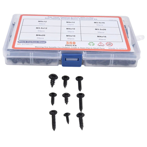 380 Pcs Self Tapping Screws Kit With Washer, Black Carbon Steel Round Head, assorted M3-M5 sizes, container displayed