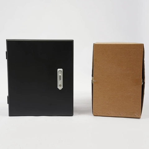 Badass Heavy Duty Wall Mount EV Charger Lock Box With Dial Combo Padlock, sleek black steel finish, beside cardboard packaging.