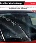 Windshield washer in action with cleaner sprayed on a car windshield, showing effect of Windshield Washer Pump With Grommet Replacement Fits Ford.