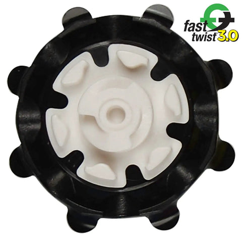 Close-up of Pulsar Golf Cleats Fast Twist 3.0 18 Count Clamshell Black showing twist mechanism and traction spikes
