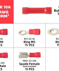 Solderless Crimp Wire Connectors Kit With 385 Pieces Including Ring Fork Spade Butt And Ferrule Terminals For 22 To 10 AWG Durable Electrical Connector Set For Quick DIY Wiring Projects, showing butt splices, rings, and spade terminals.