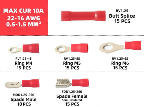 Solderless Crimp Wire Connectors Kit With 385 Pieces Including Ring Fork Spade Butt And Ferrule Terminals For 22 To 10 AWG Durable Electrical Connector Set For Quick DIY Wiring Projects, showing butt splices, rings, and spade terminals.