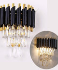 Dope Modern Crystal Wall Sconce With 2 E12 Sockets, 3-Tier Crystal Drops, Gold Finished Shade, wall-mounted living area light