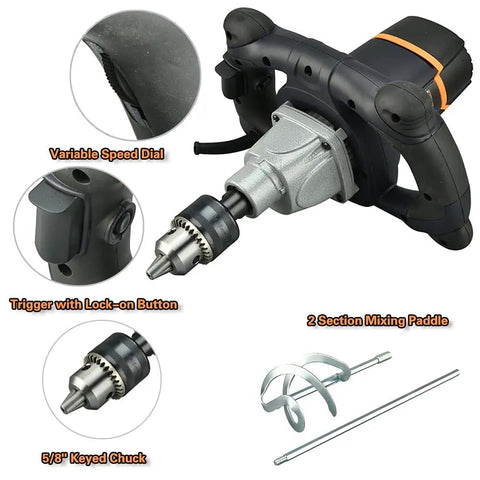 Heavy Duty 12 Amp Concrete And Mortar Mixer With Soft Start showing 5/8 inch keyed chuck and large spiral paddle