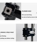 Plunger hole and eco-friendly spray paint details of Rock Solid 640kg Manual Arbor Press With Adjustable Height And Ductile Cast Iron Base.