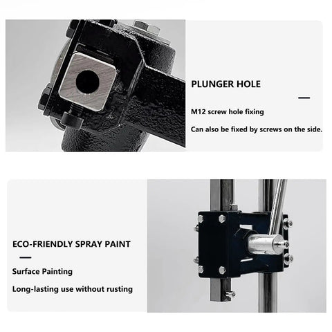 Plunger hole and eco-friendly spray paint details of Rock Solid 640kg Manual Arbor Press With Adjustable Height And Ductile Cast Iron Base.