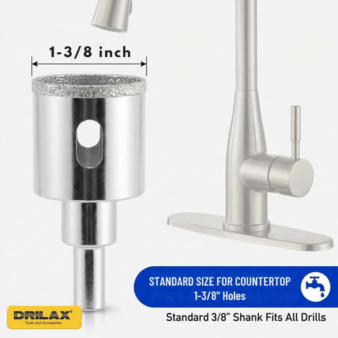 Drilax 1-3/8 inch diamond hole saw with water delivery and guide, 3/8 inch shank for granite and quartz countertops