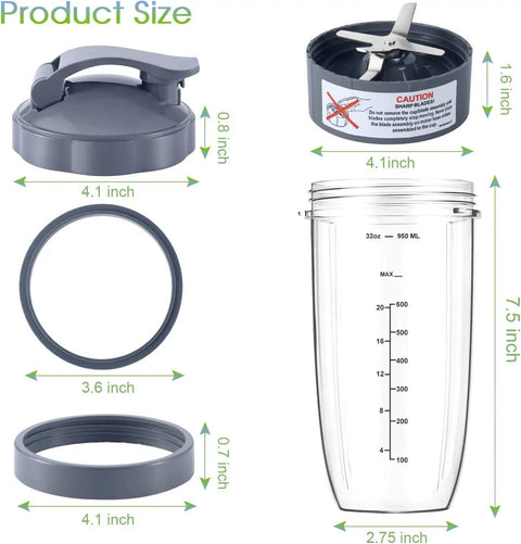 32 Oz Blender Cup Replacement Set With Flip Top To Go Lid Lid Ring And Premium Extractor Blade Fits 600W And Pro 900W High Speed Blenders BPA Free Cups And Stainless Steel Blades, labeled with product dimensions and components