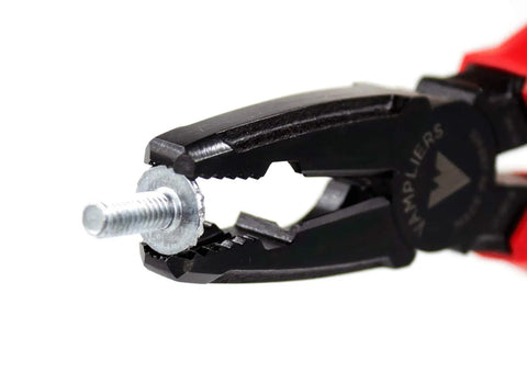 Brute 6.25 Inch Screw Extractor Pliers grip a stripped screw, made of high carbon Japanese steel with black oxide finish, for auto use.