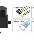 12 Meter ToF LiDAR Sensor Kit With 360 Degree Scanning Walnut-Sized Unit 30K Lux Light Resistant ROS And ROS2 C And C Plus Plus SDK Support Raspberry Pi Tutorial For Robots And Drones SLAM Ready Dope LiDAR Scanner Kit With Adapter, shipping contents showing LiDAR unit and included cables and board