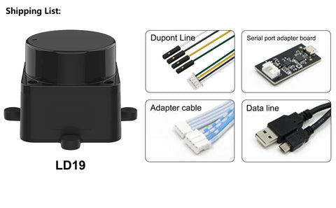 12 Meter ToF LiDAR Sensor Kit With 360 Degree Scanning Walnut-Sized Unit 30K Lux Light Resistant ROS And ROS2 C And C Plus Plus SDK Support Raspberry Pi Tutorial For Robots And Drones SLAM Ready Dope LiDAR Scanner Kit With Adapter, shipping contents showing LiDAR unit and included cables and board