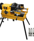 Built Tough Electric Pipe Threader Machine with yellow housing and four threading dies, designed for cutting 1/2 to 3 inch pipes.