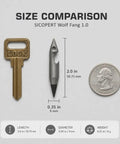 Size comparison of Mini Pencil EDC Pendant With Infinite Keychain by quarter and key, showing titanium body and graphite tip.