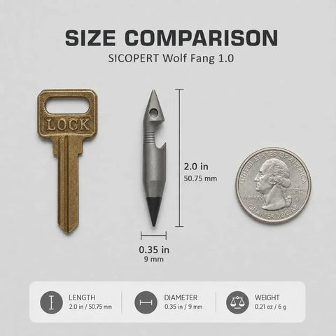 Size comparison of Mini Pencil EDC Pendant With Infinite Keychain by quarter and key, showing titanium body and graphite tip.