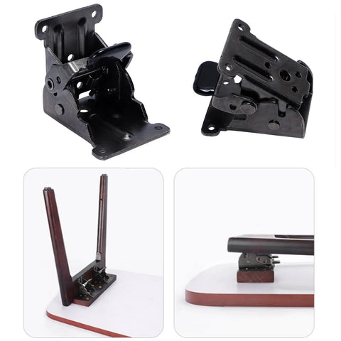 Dang Sturdy Heavy Duty Folding Table Legs And Bed Leg Expanders With Selflocking Hinge Screws Bulletproof Steel Support Brackets close-up of black folding table bracket