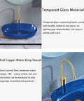 USZWBY Bathroom Vessel Sink,16 Inch Tempered Glass Gray Wash Basin Bowl,Artistic Vanity Sink with Brass Water Drop Faucet and Pop Up Drain,Counter Top Installation, blue glass basin with brass faucet.