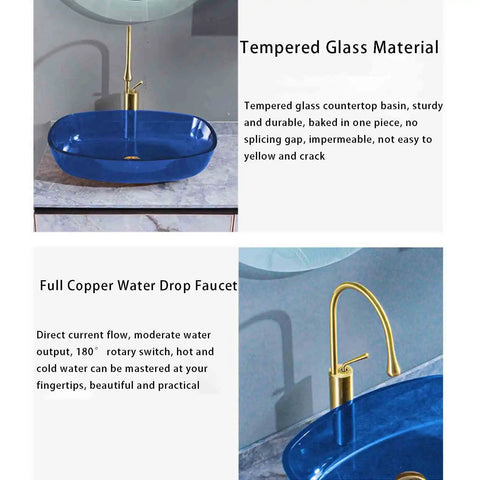 USZWBY Bathroom Vessel Sink,16 Inch Tempered Glass Gray Wash Basin Bowl,Artistic Vanity Sink with Brass Water Drop Faucet and Pop Up Drain,Counter Top Installation, blue glass basin with brass faucet.