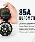Hand holding durometer measuring 85A hardness on 8 Pack Inline Skate Wheels Set 72mm 76mm 80mm With ABEC9 Bearings And 85A PU Durometer