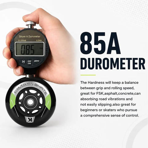 Hand holding durometer measuring 85A hardness on 8 Pack Inline Skate Wheels Set 72mm 76mm 80mm With ABEC9 Bearings And 85A PU Durometer