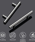 10 Pack Matte Black Stainless Steel Cabinet Pulls With 5 Inch Overall Length And 3 Inch Center To Center Hole Spacing, shown with features like rust proof and anti-corrosion.