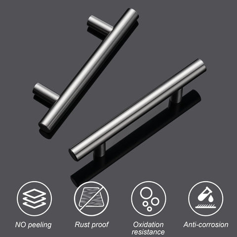 10 Pack Matte Black Stainless Steel Cabinet Pulls With 5 Inch Overall Length And 3 Inch Center To Center Hole Spacing, shown with features like rust proof and anti-corrosion.