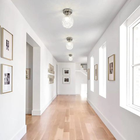 Crystal Chandelier 4 Light Flush Mount Ceiling Light Fixture With G9 Socket in modern hallway with wood floor.