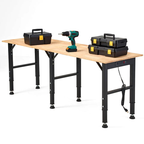 Adjustable Workbench With Power Outlet And ETL Certified USB Ports, heavy duty hardwood table with tools on surface.