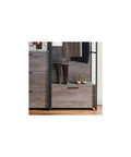 Customizable Wood Walk In Closet Organizer System Featuring Reinforced Hanging Bars And Versatile Shelves To Level Up Your Master Bedroom Storage And Kick The Clutter To The Curb, showing dark brown boots and gold heels on a weathered wood shelf.