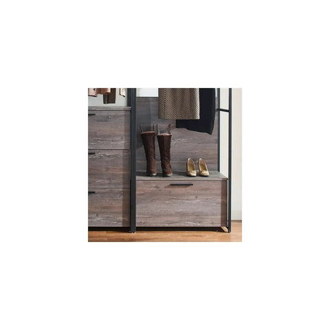 Customizable Wood Walk In Closet Organizer System Featuring Reinforced Hanging Bars And Versatile Shelves To Level Up Your Master Bedroom Storage And Kick The Clutter To The Curb, showing dark brown boots and gold heels on a weathered wood shelf.