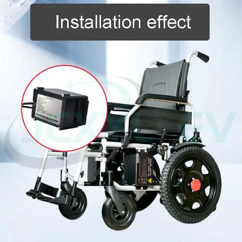 Heavy Duty 24V Lithium Ion Wheelchair Battery Replacement With Smart Bms Protection installed in a wheelchair with clear casing view.