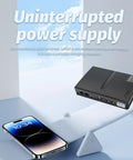 Zero Stress DC UPS Backup Power Supply Providing 18W Multi Output For Routers And Cameras US Plug on a white surface with a smartphone.