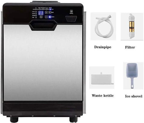 Top Tier Counter Top Ice Maker Delivers Sixty One Pounds Daily Lightning Fast Five Minute Cycle shown with scoop, filter, and drainpipe.