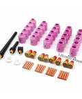 Grab This Awesome 58-Piece Luwecf TIG Consumables Kit For Your Torch with pink alumina nozzle cups and brass bodies.