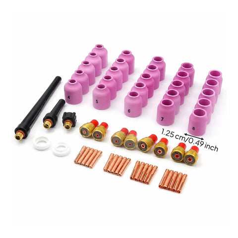 Grab This Awesome 58-Piece Luwecf TIG Consumables Kit For Your Torch with pink alumina nozzle cups and brass bodies.