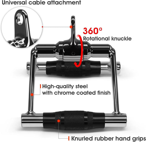 Yes4All rotating double-D row handle cable attachment; chrome steel frame with knurled rubber grips, front view