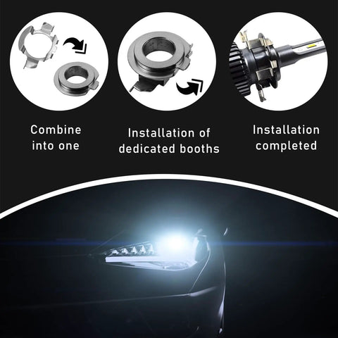 H7 LED Headlight Bulb Adapter Kit, 2 Pairs, Rock Solid Metal Base Holder Socket Retainer installation steps diagram