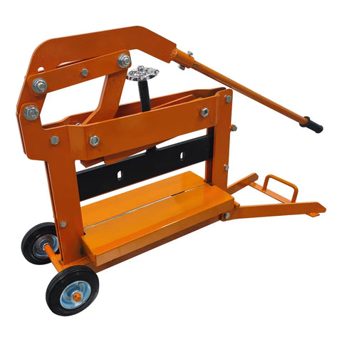 Manual Block Splitter Cutter Portable Paver Cutting Tool For Easy Brick And Stone Cutting Adjustable Cutting Size From 0 To 3.9 Inches And Width Up To 15.7 Inches Built For Quick Labor Saving Work On Job Sites., orange steel manual block splitter cutter on wheels for paver and stone cutting