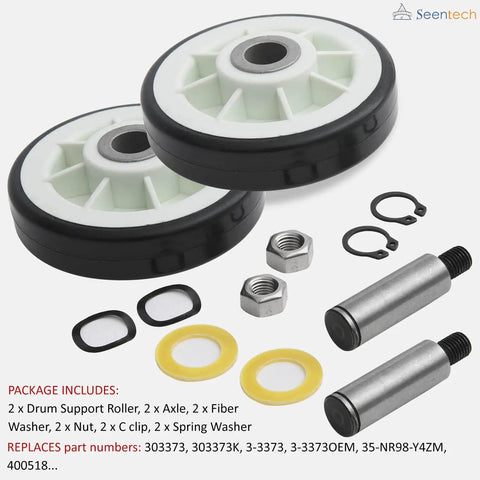Heavy Duty Drum Rollers With Shafts Replacement Pack For Maytag And Whirlpool Clothes Dryers, includes rollers and hardware.