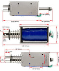 Image of DC Solenoid Electromagnet Push Pull Type Open Frame With 20mm Stroke 12V 3A Coil showing dimensions and design features.
