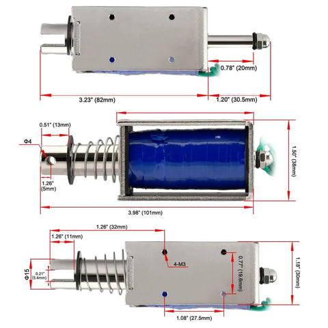 Image of DC Solenoid Electromagnet Push Pull Type Open Frame With 20mm Stroke 12V 3A Coil showing dimensions and design features.