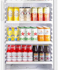 Full Size Upright Commercial Beverage Cooler With Dual Glass Doors And Multiple Interior Shelves, showcasing various drinks inside.