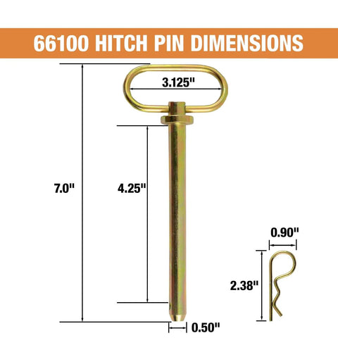 Dimensions diagram of Hitch Pin Half Inch By Four And A Quarter Inch With Cotter Pin Tough As Nails 1040 Steel Yellow Zinc Plated