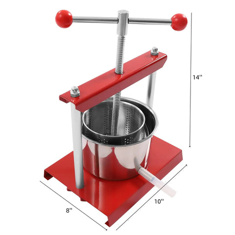 Heavy Duty Stainless Steel Fruit Wine Press 0.8 Gallon Manual Juice Maker For Apples Grapes Berries with measurements.