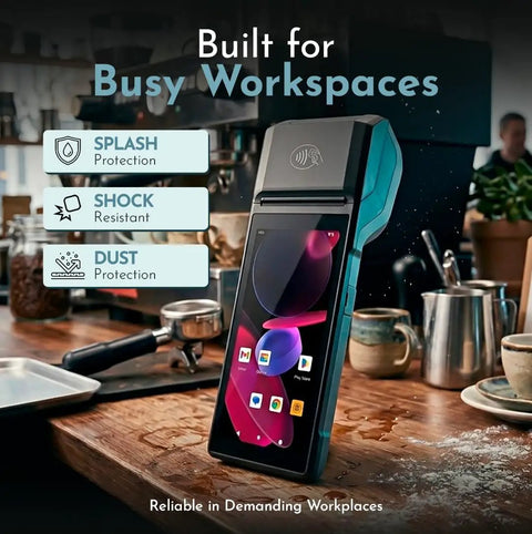 Android 14 Handheld POS With 58MM High Speed Thermal Printer and 5.5 Inch Touch Screen NFC Ready shown on a counter in a busy workspace.