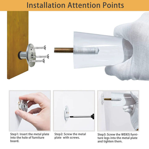 Installation steps for Beefy Solid Acrylic Furniture Legs 8 Inch Set Of 4 Heavy Duty Replacement Legs with screws and metal plates.