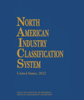 Front view of a blue book with gold title: North American Industry Classification System, United States, 2022.