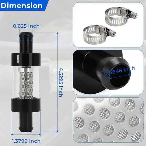 Inline Coolant Filter And Inspection System For Heater Core, Universal Five Eighth Inch Fit, Stainless Steel Mesh dimensions